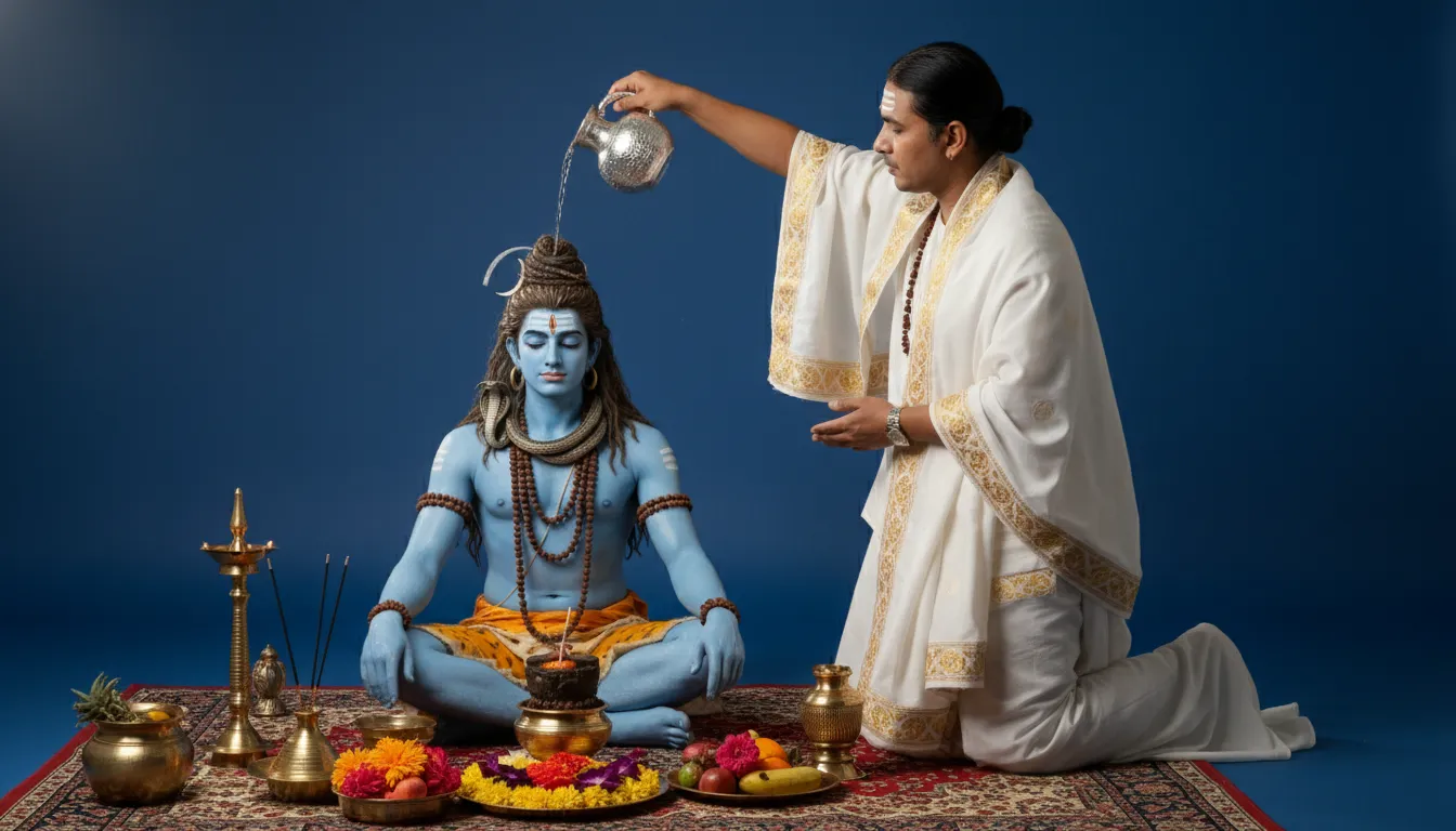 A person in white pouring liquid over a seated Shiva-costumed figure in a ritual-style scene.