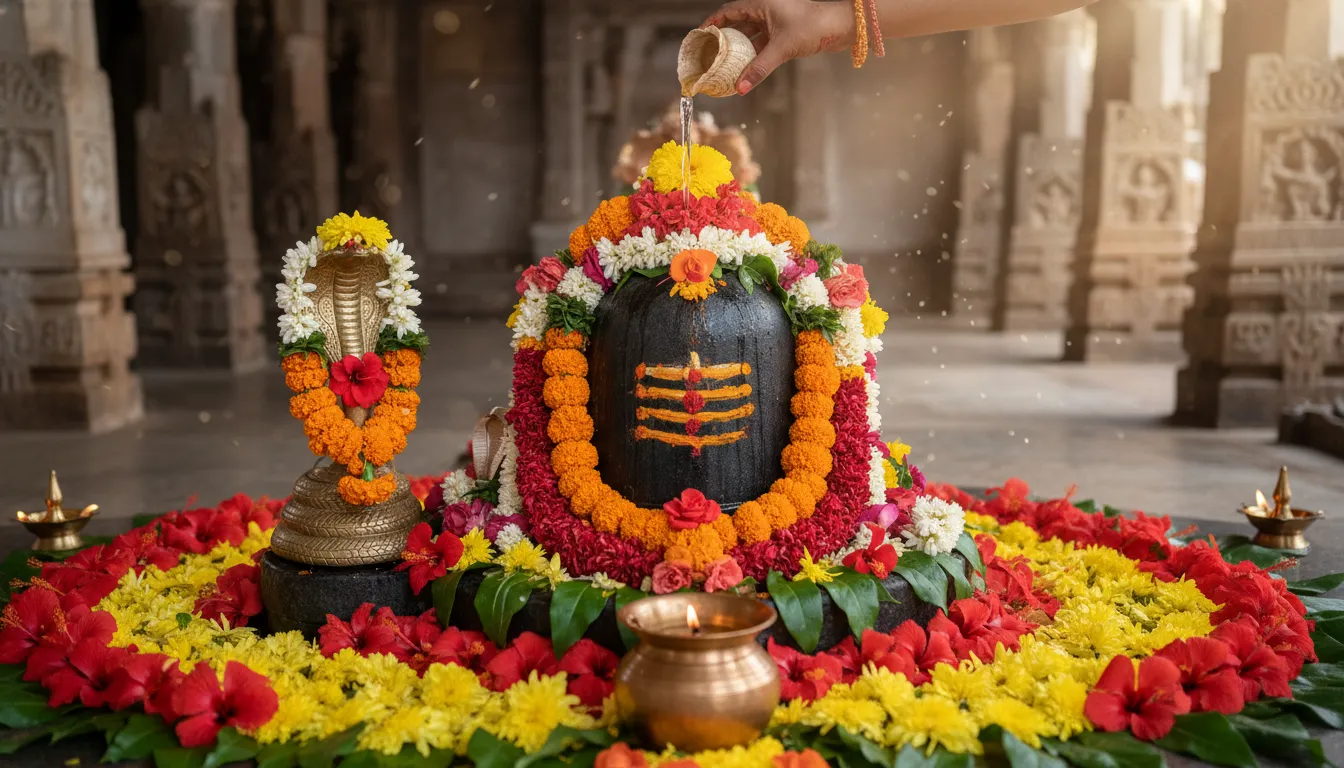 Sacred water being poured over a decorated black Shiva Lingam with flowers and cobra statue.