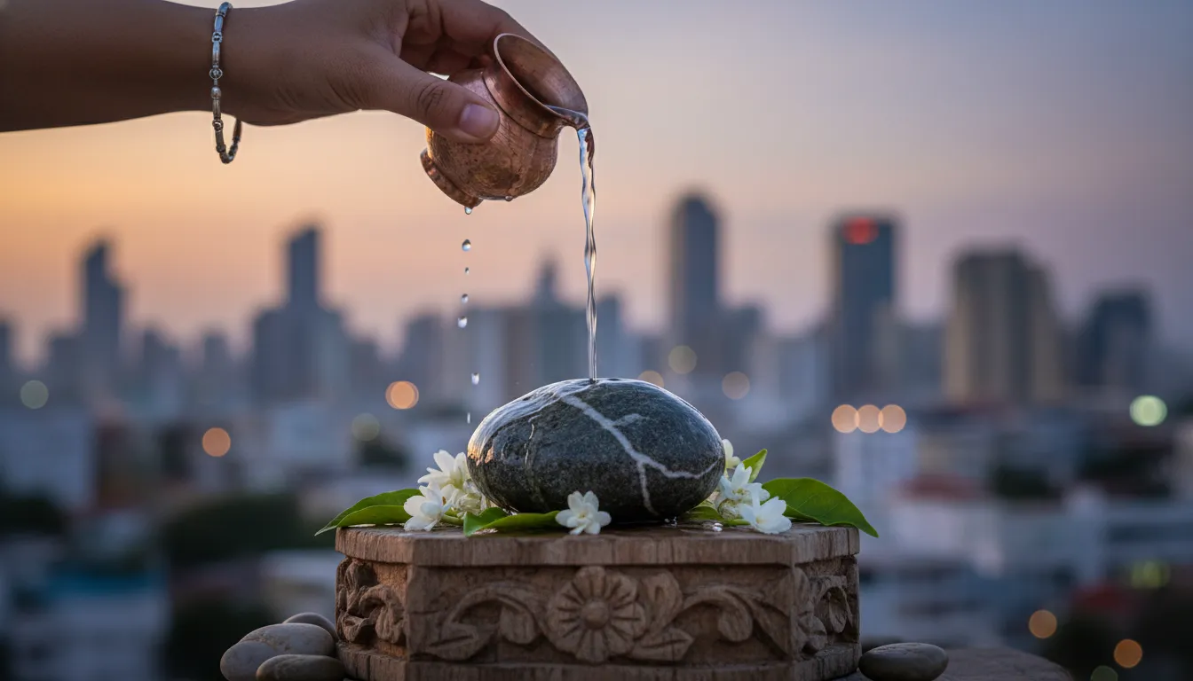 Hand pouring liquid over a sacred stone shrine outdoors