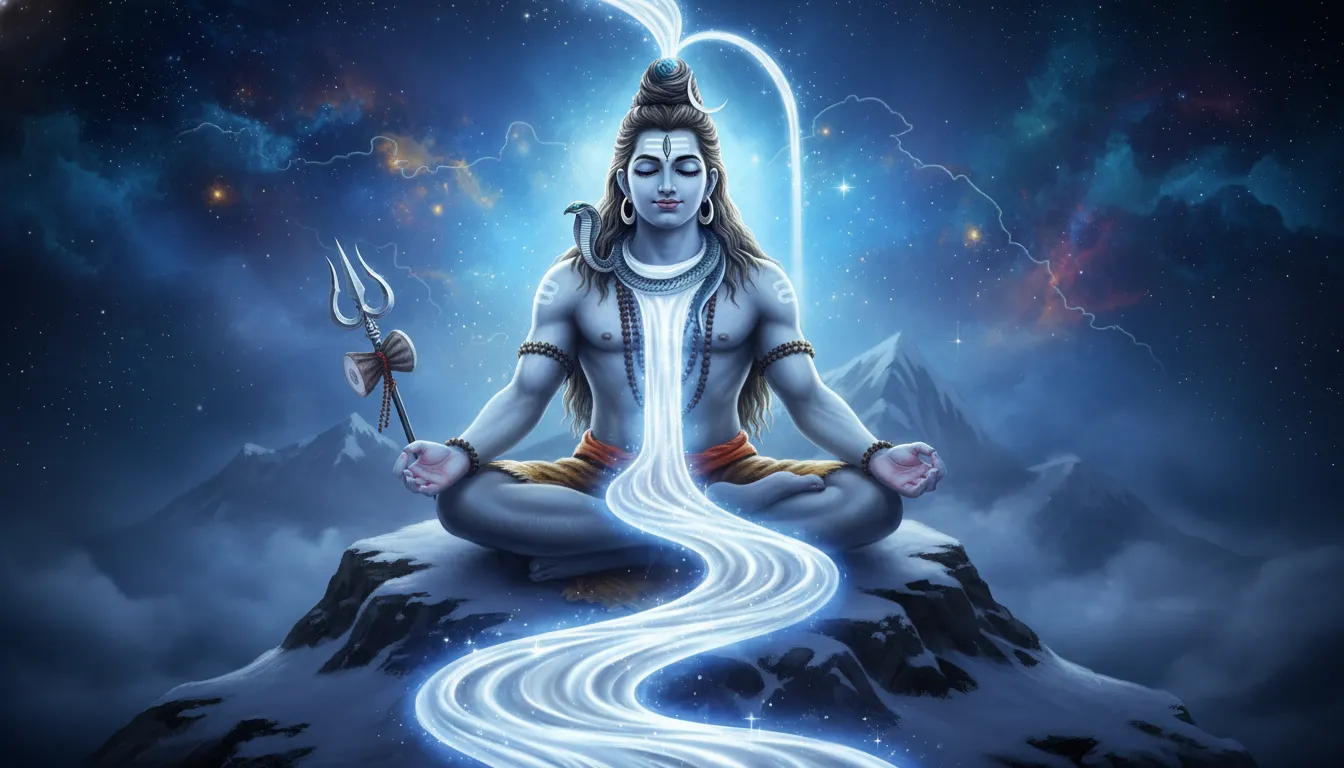 Goddess Ganga as white light falling from Shiva’s matted hair into blue glow