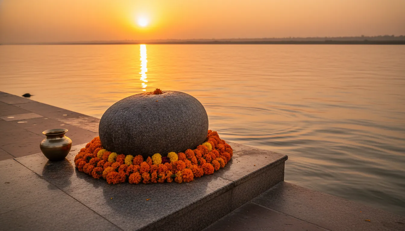 A traditional Mahadev Pind by a sacred river bank during a golden hour sunset.