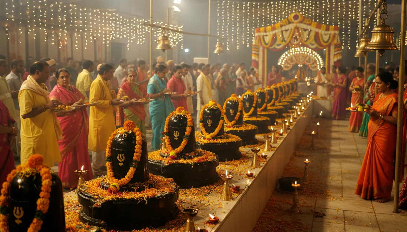 multiple Shiva lingams lined up with marigold flowers and lights during a night ritual
