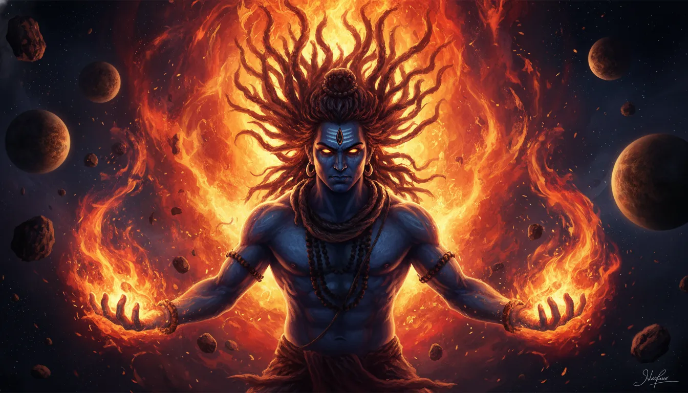 An intense and fierce depiction of Lord Shiva as Rudra surrounded by explosive cosmic fire.