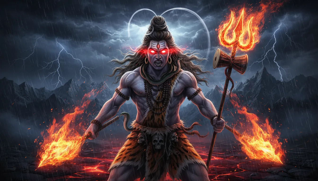 Furious Shiva with glowing red eyes holding fire weapons in a volcanic storm environment.