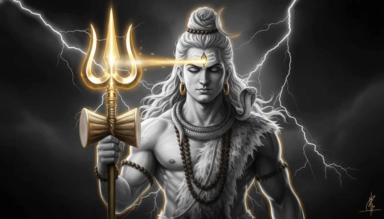 A detailed close-up illustration of Lord Shiva as Rudra holding a glowing golden Trishul.
