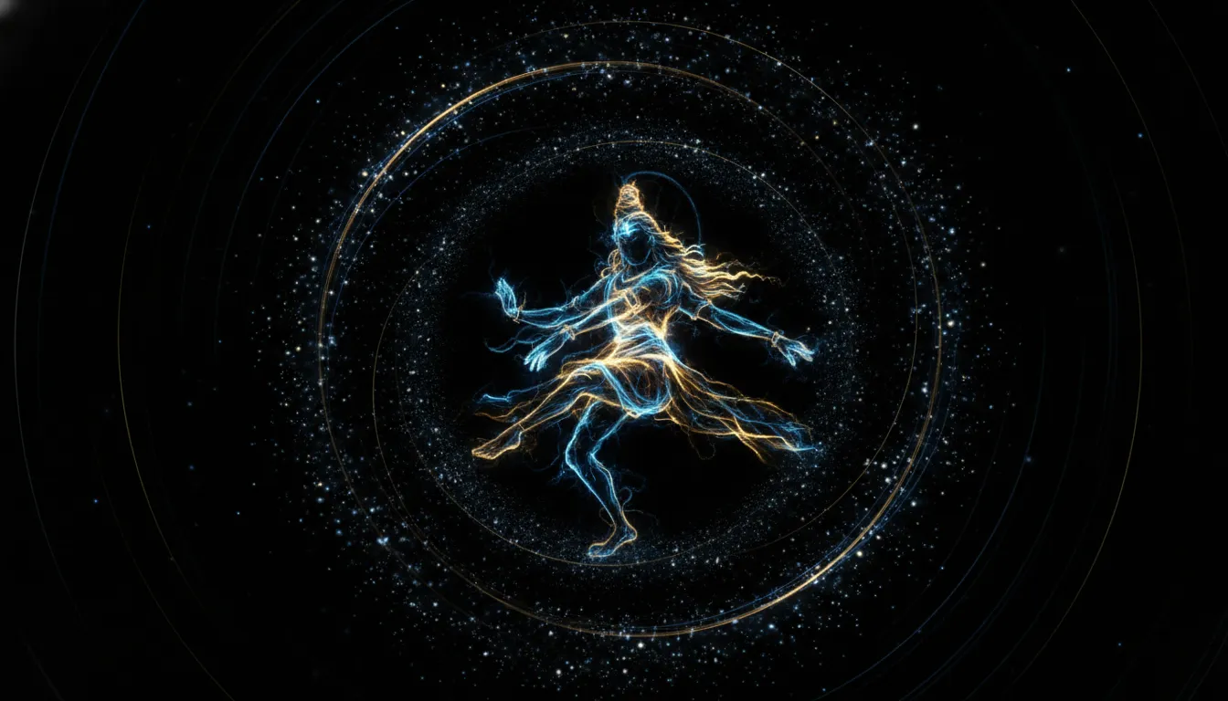 Abstract digital painting of Lord Rudra dancing with glowing energy lines