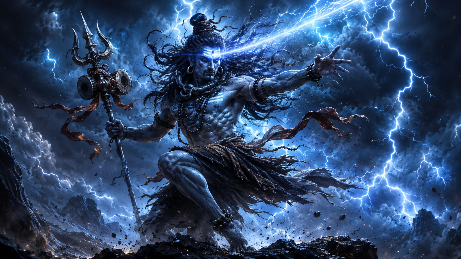 Angry Lord Shiva performing Rudra Tandava with a glowing third eye amidst lightning storms