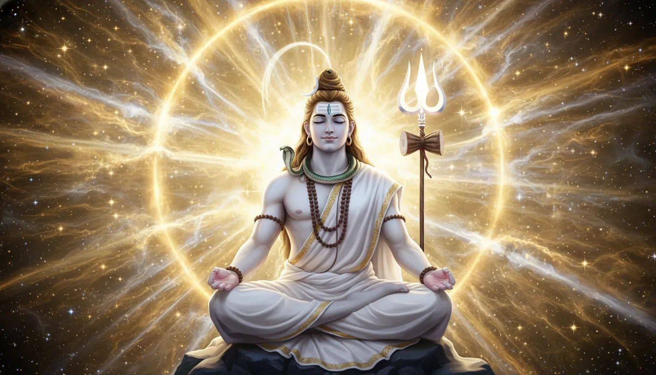Lord Shiva wearing a pure white dress meditating with a glowing cosmic fire aura around him.