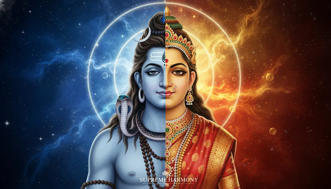 Divine mahadev background photo representing the Ardhanarishvara form split perfectly between Lord Shiva and Goddess Parvati.