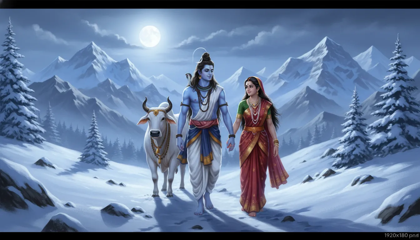 Shiva and Parvati walking gently together on a moonlit path in the snowy Himalayas