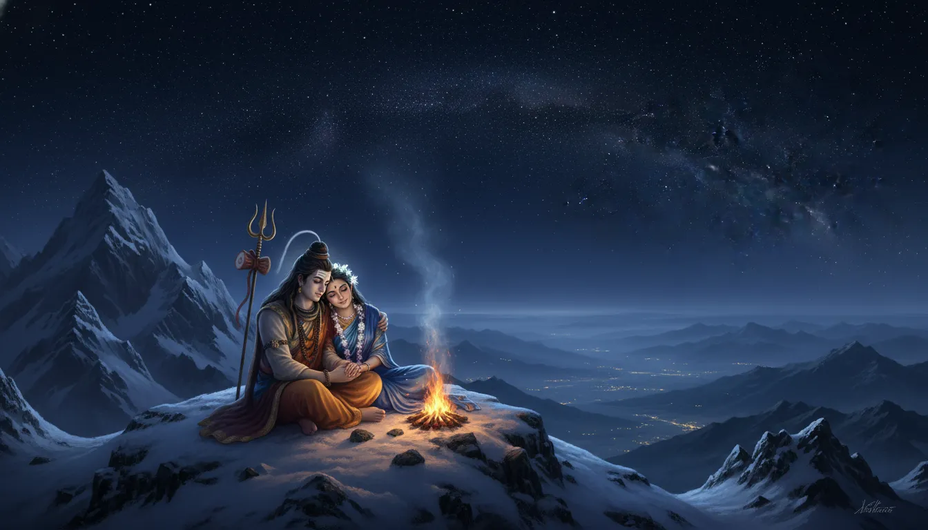 Shiva and Parvati sitting near a small sacred fire on a mountain under the night sky