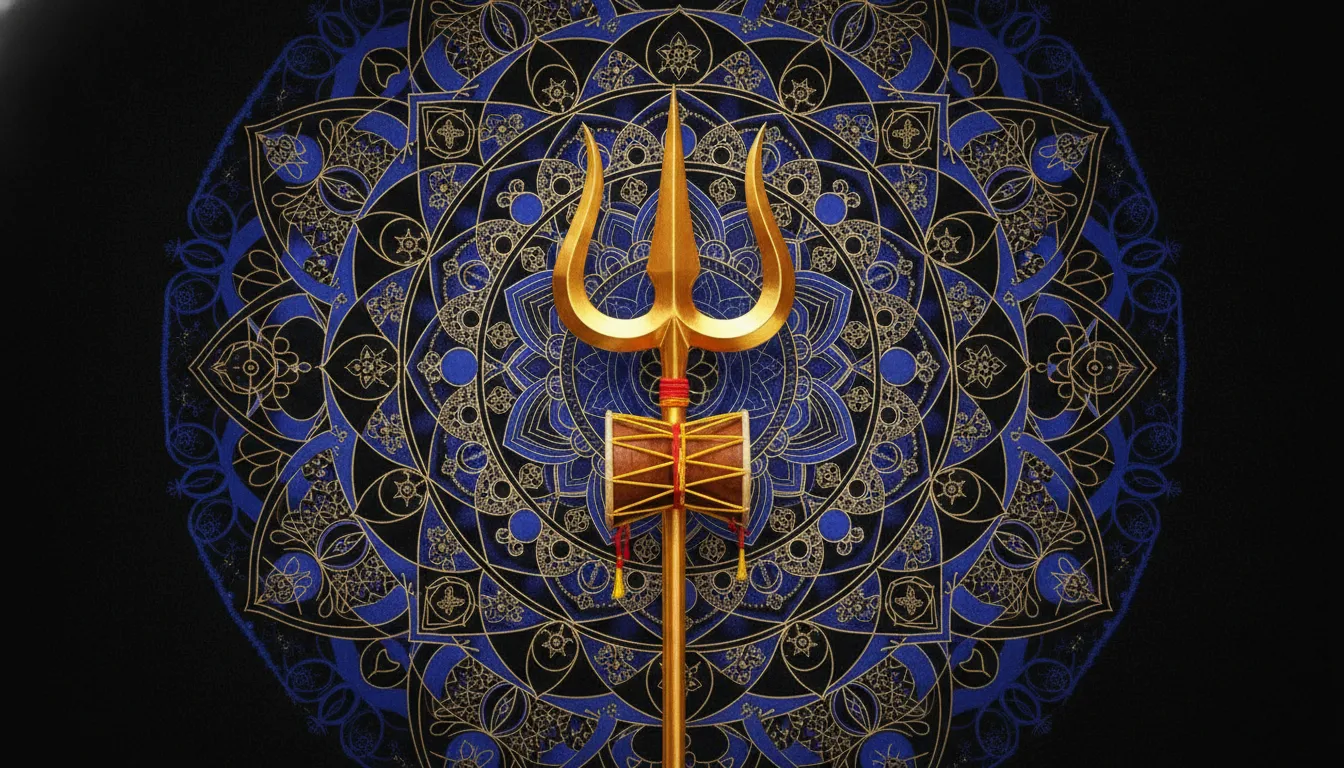 Symmetrical mandala art and sacred geometry photo editing centered around a Trishul symbol.