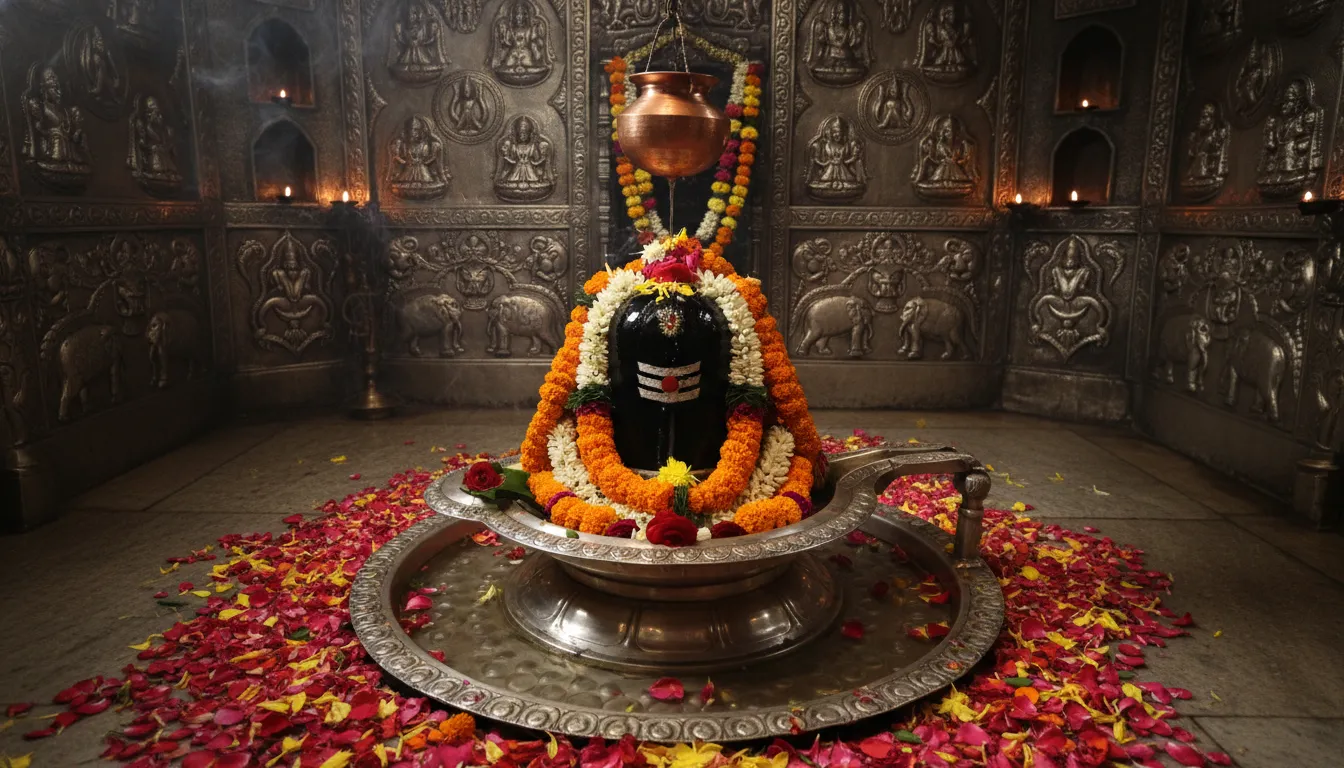 Shiva lingam with water flowing from a hanging vessel inside a decorated temple