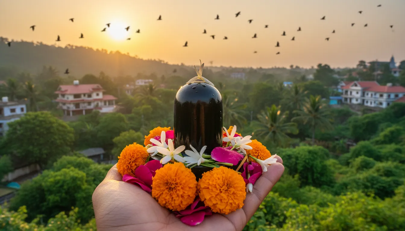 : Black stone lingam with flowers placed on top held in hand overlooking greenery and buildings at sunrise