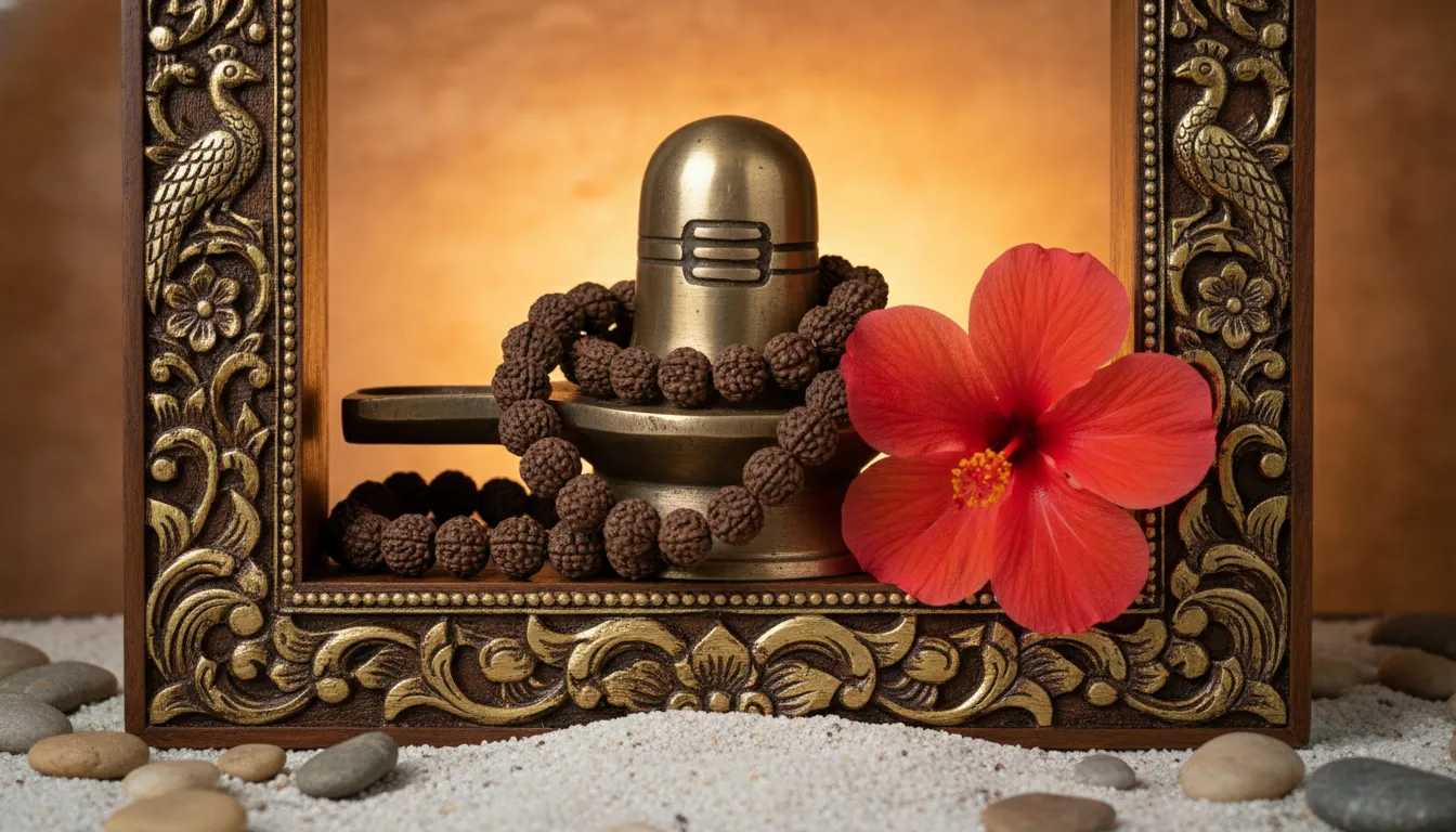 metal lingam decorated with rudraksha beads and a red flower in a devotional setup