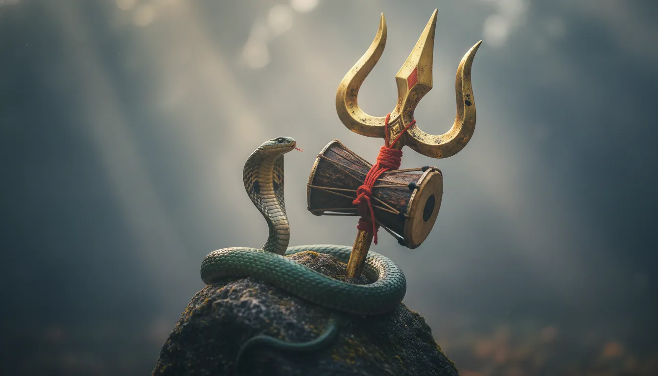 Cinematic macro shot of Lord Shiva's divine Trishul and Damru placed on a sacred rock.