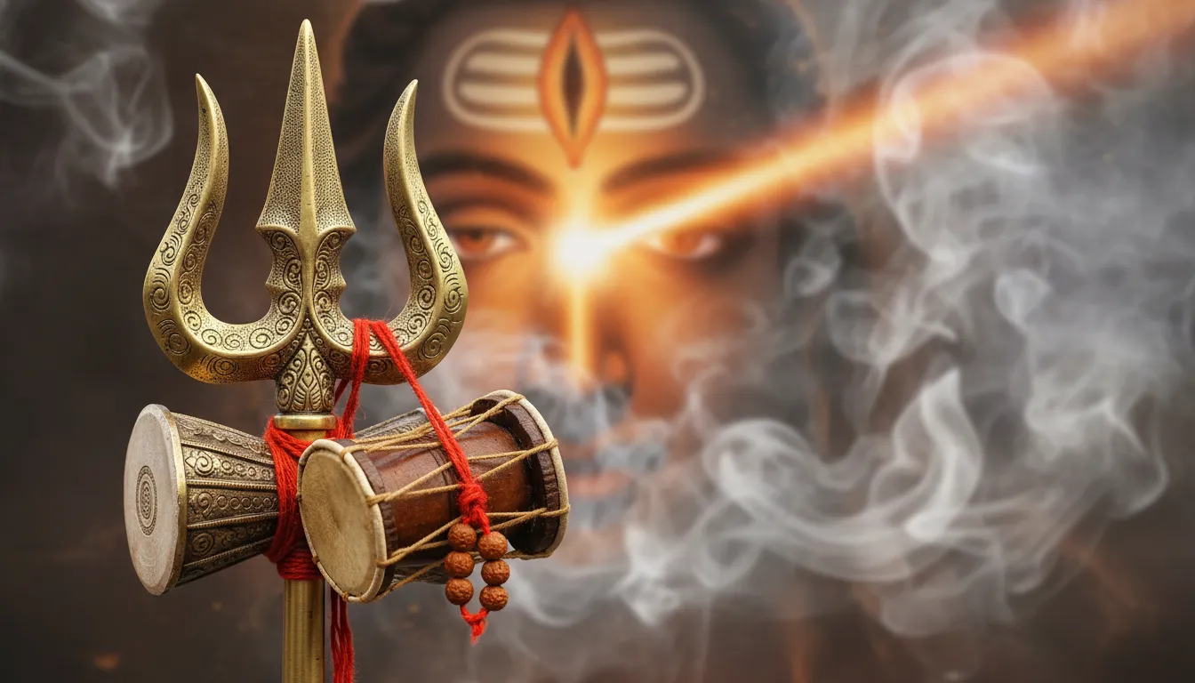Symbolic mahadev background photo focusing on a golden Trishul, damru, and a glowing third eye symbol amidst smoky clouds.