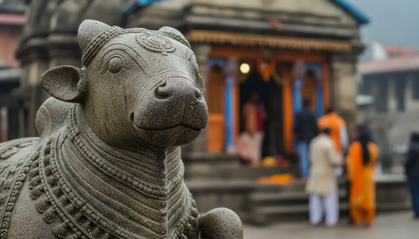 Close-up photo of the stone Nandi bull statue facing the entrance of Kedarnath Mahadev temple.