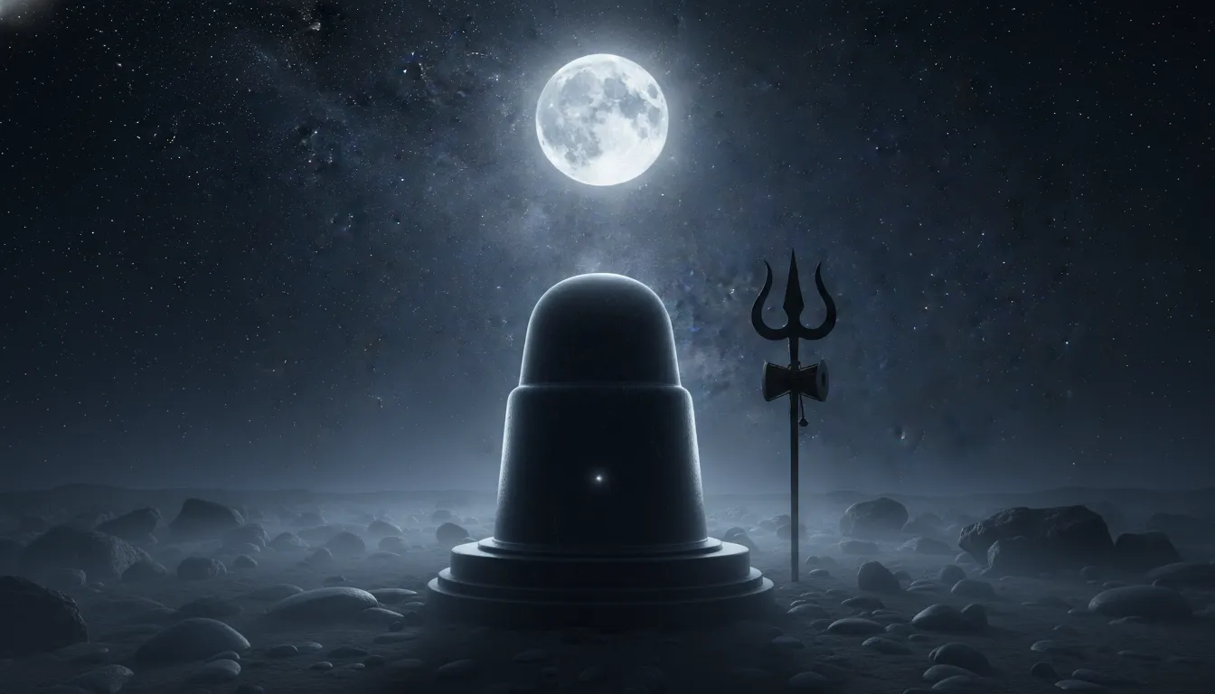 A dark stone Mahadev Pind under a magnificent starry night sky and full moon.