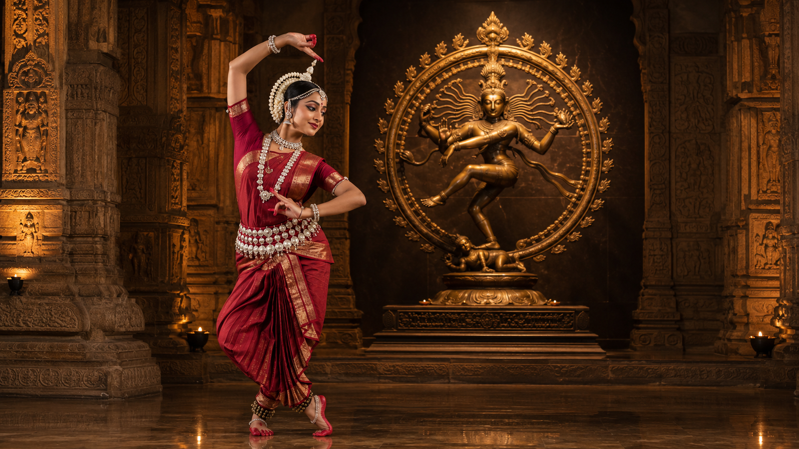 Odissi dancer executing a classic Tribhanga pose in front of a bronze Nataraja statue inside a temple sanctuary