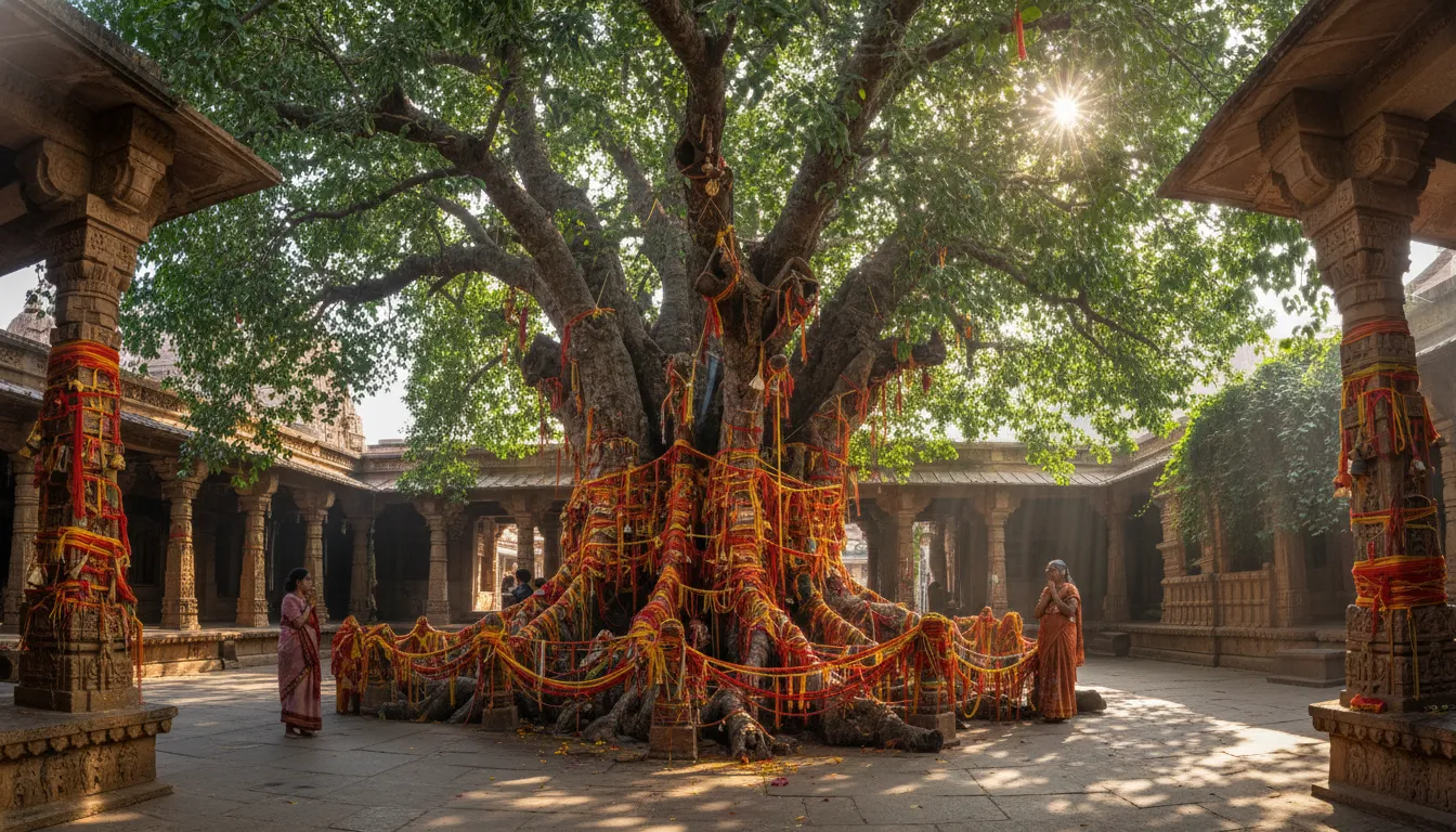 An ancient sacred Peepal tree inside Neelkanth Mahadev Temple tied with holy red threads.