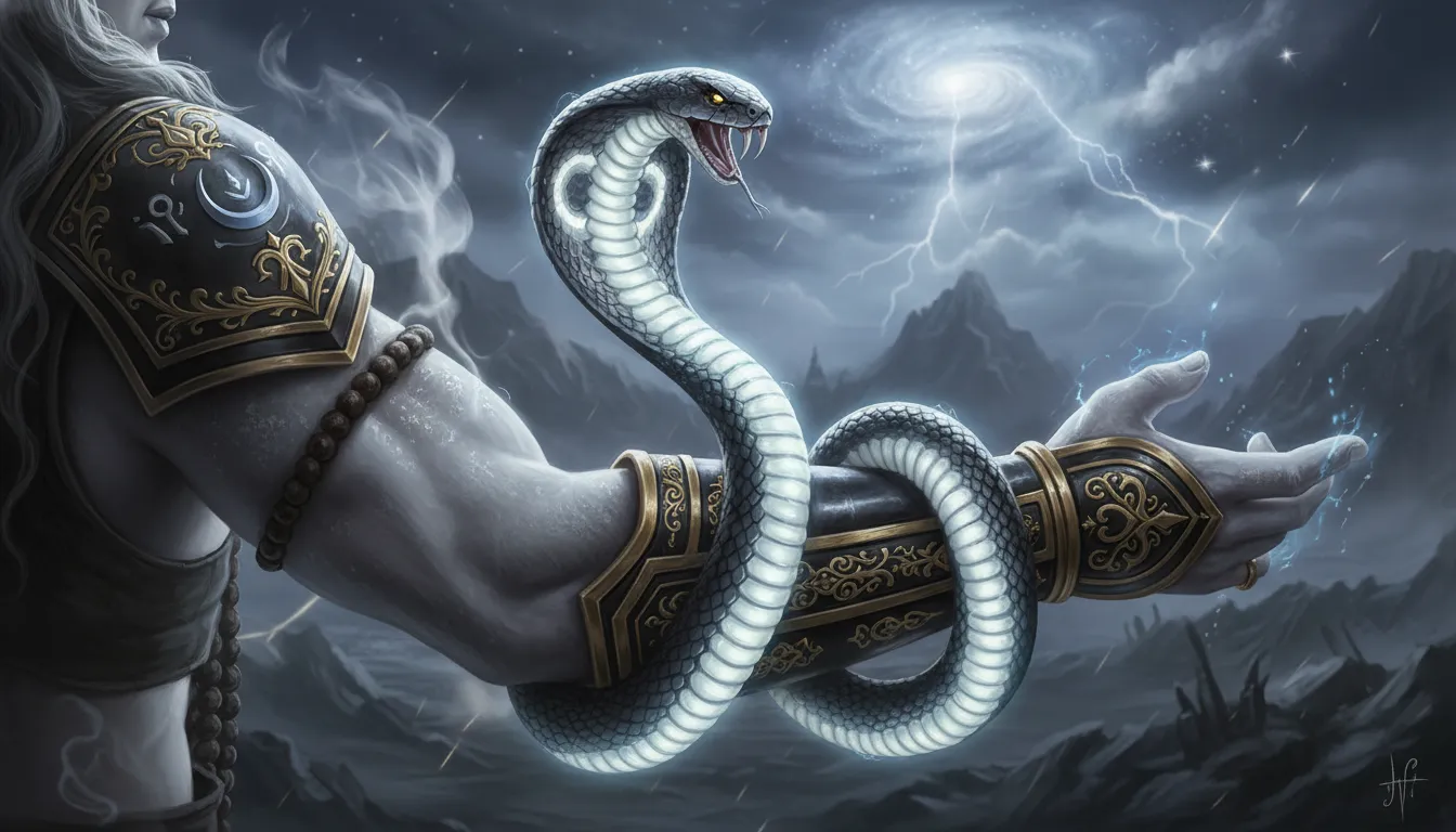 Lord Shiva raising his arm with the cobra Vasuki coiled tightly around his wrist like a gauntlet.