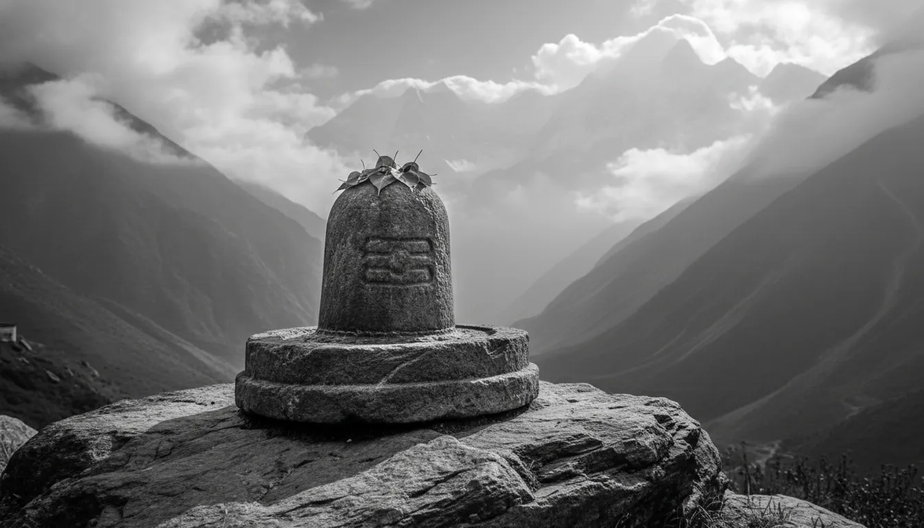 A sacred Shiva Lingam made of stone placed in the majestic Himalayan valley black and white photo