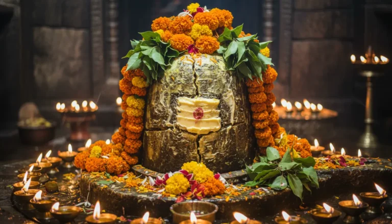 Close up shot of the sacred Shiva Lingam at Bijli Mahadev Temple decorated with flowers.