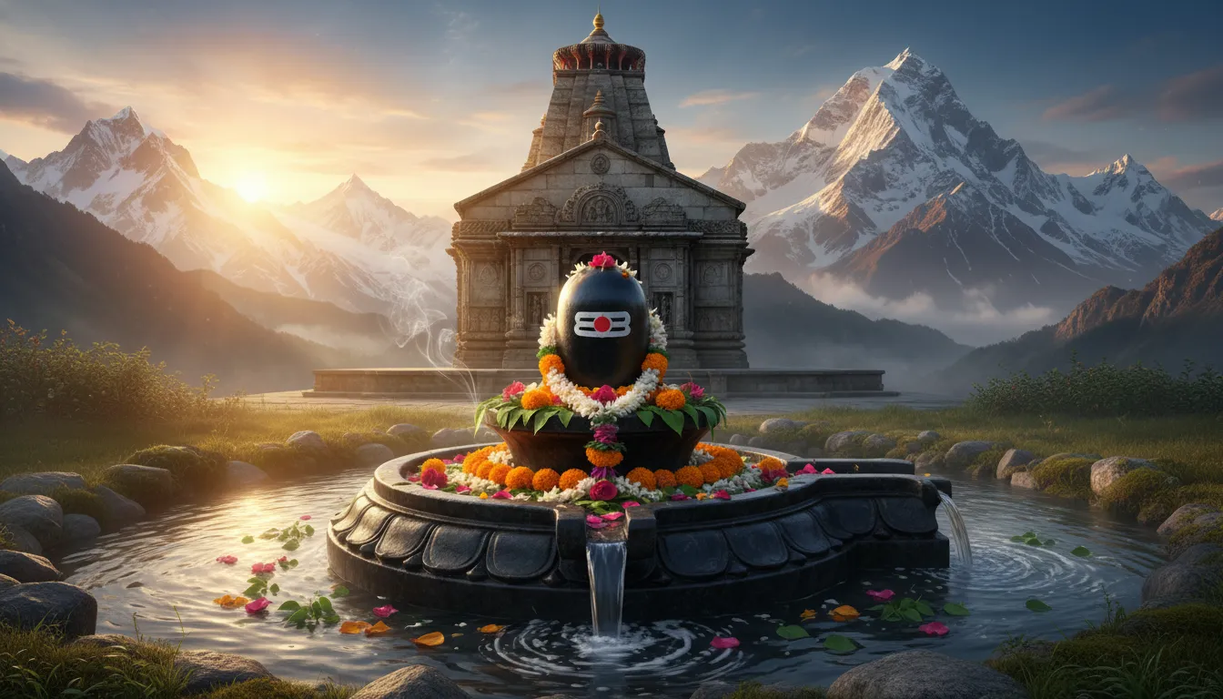 A black Shiva Lingam decorated with flowers and water droplets in front of a Himalayan temple and snowy mountains.