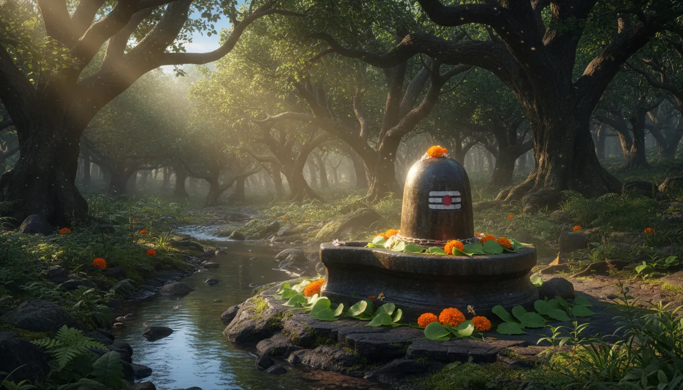 Spiritual mahadev background photo showing a stone Shiva Lingam inside an ancient forest with morning sunbeams hitting it.