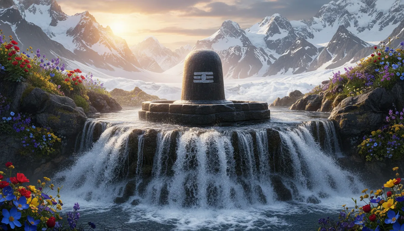 A sacred Shiva Lingam surrounded by crystal clear Himalayan water and dynamic waterfalls.