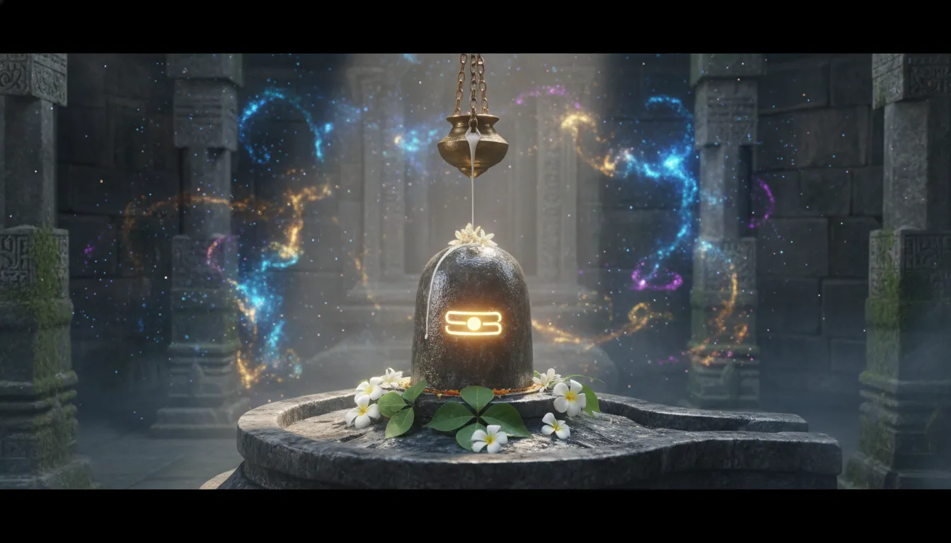 Mahadev real photo of a sacred Shiva Lingam glowing with divine light and energy.