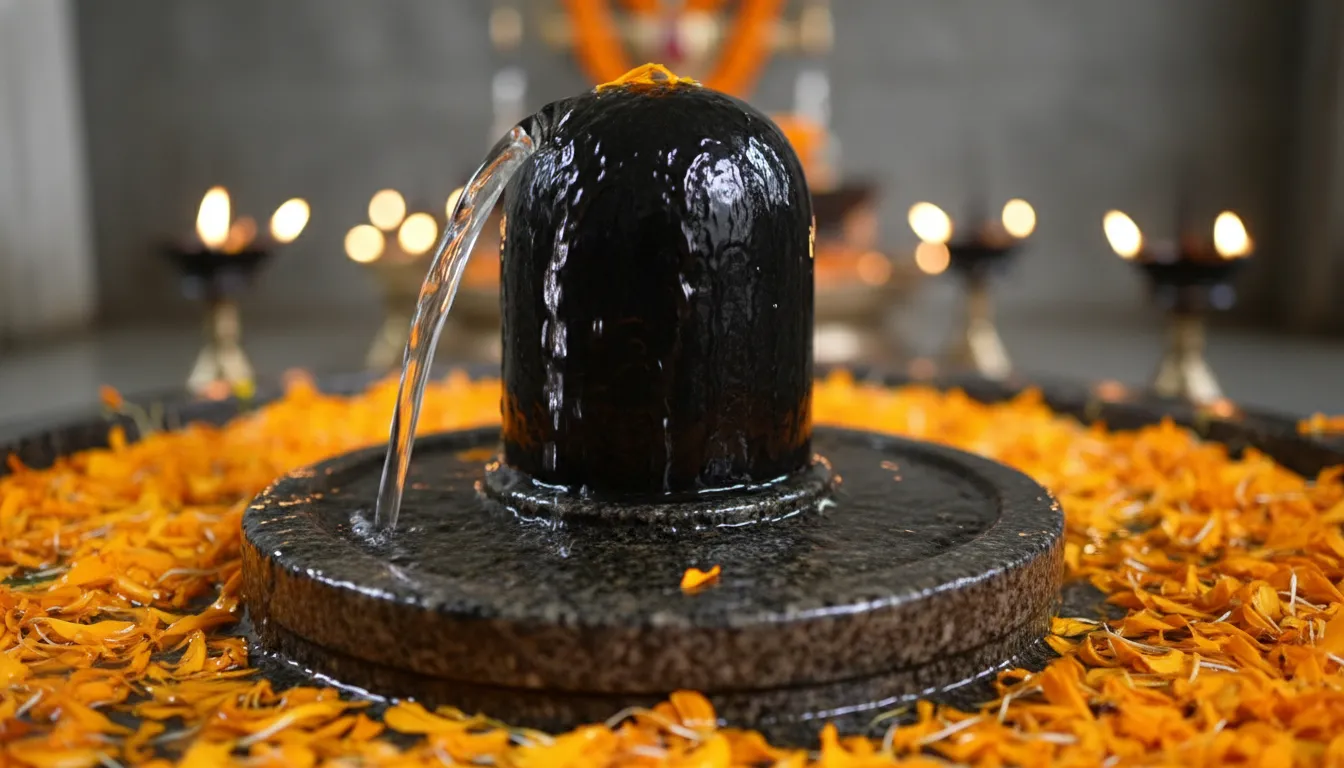 A black Shiva Lingam is covered with flowing water and surrounded by orange flower petals.