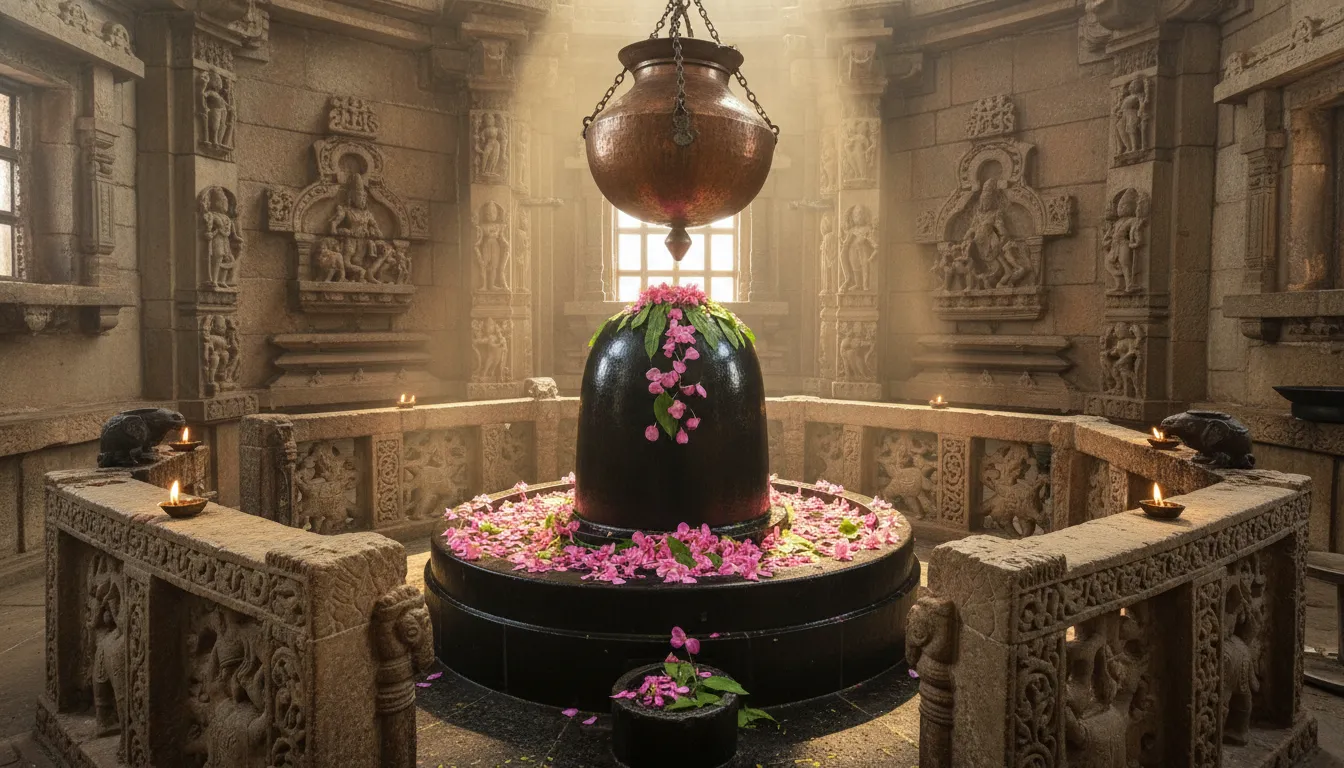 Large black Shiva Lingam decorated with pink flowers beneath a hanging copper pot inside a temple.