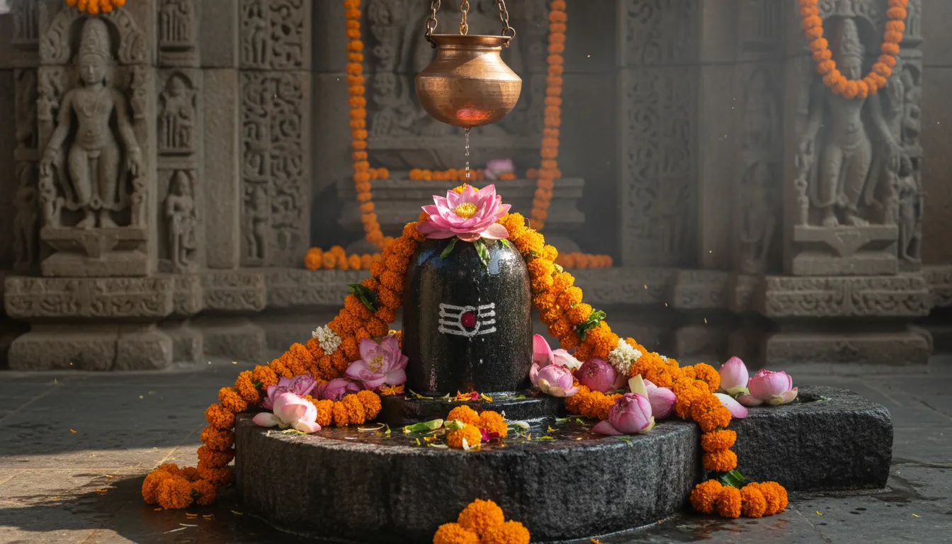 Shiva lingam with copper water pot dripping water and marigold garlands in a temple setting