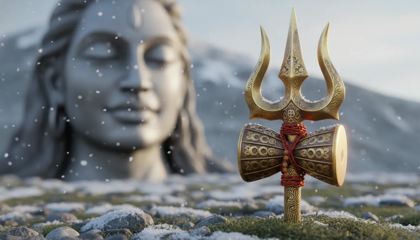 Detailed close up of Lord Shiva trishul with mahadev shankar bhagwan ka photo background.