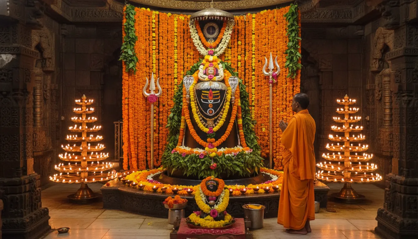 Close-up Somnath Mahadev photo of the sacred Jyotirlinga adorned with flowers and traditional ornaments.