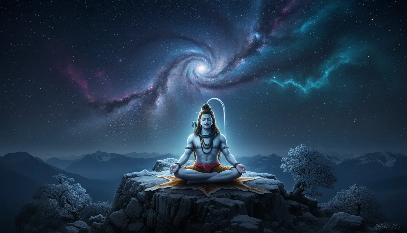 Lord Shiva meditating under a vibrant starry night sky and the Milky Way galaxy in the mountains.