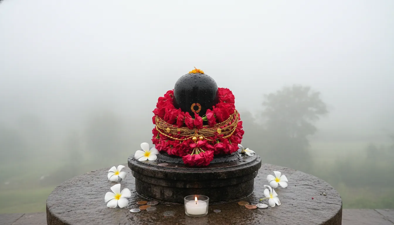 Black stone lingam adorned with a red and gold garland in a misty outdoor setting