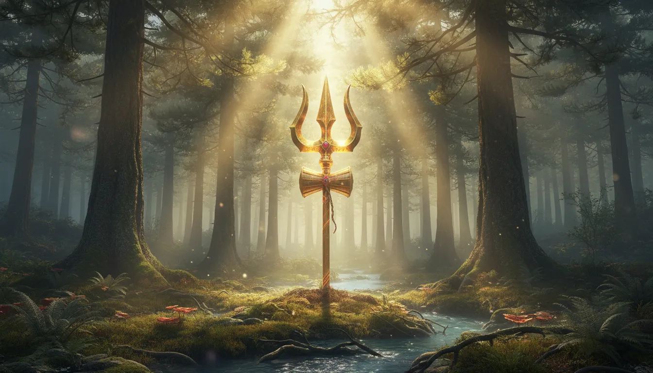 Golden Trishul glowing in a mystical foggy forest during early morning dawn.
