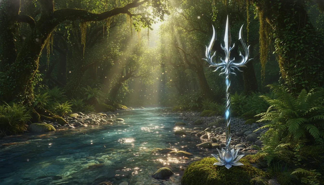 Trishul standing on the rocky banks of a clean river inside a green forest.