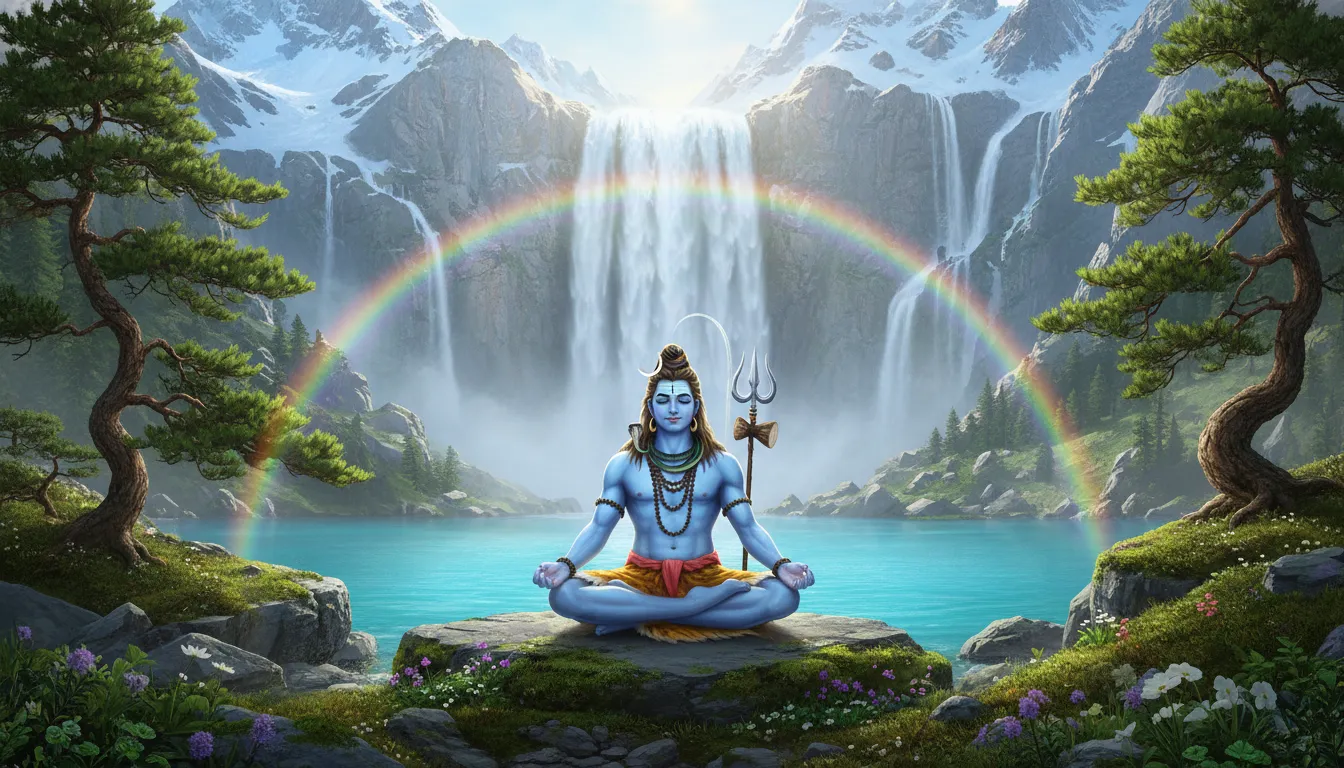 Lord Shiva meditating near a crystalline mountain waterfall flowing into a peaceful lake.