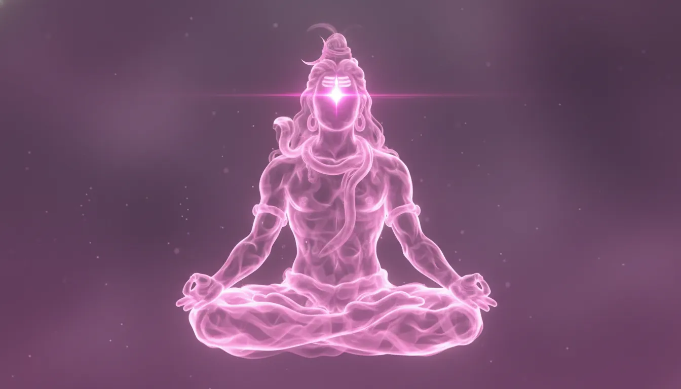 Pink smoky abstract Lord Shiva in deep samadhi, trident melting upward into his third eye
