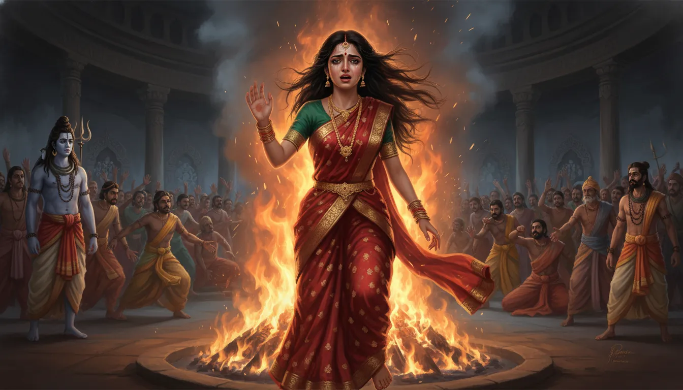 Sati looking intense and angry while defending Lord Shiva