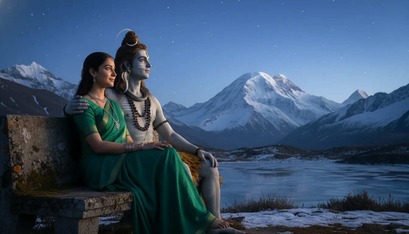 Sati smiling while sitting beside Lord Shiva in Kailash