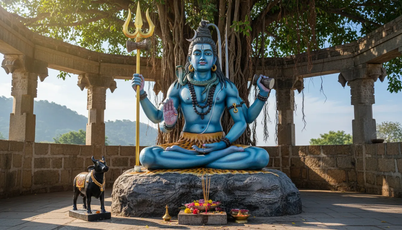A blue Shiva statue seated on a rock holding a trident, with a small black bull statue nearby.