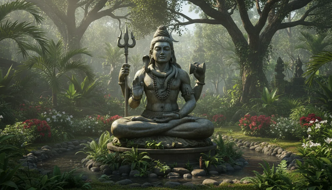 A seated Lord Shiva statue holding a trident and drum in a peaceful garden setting.