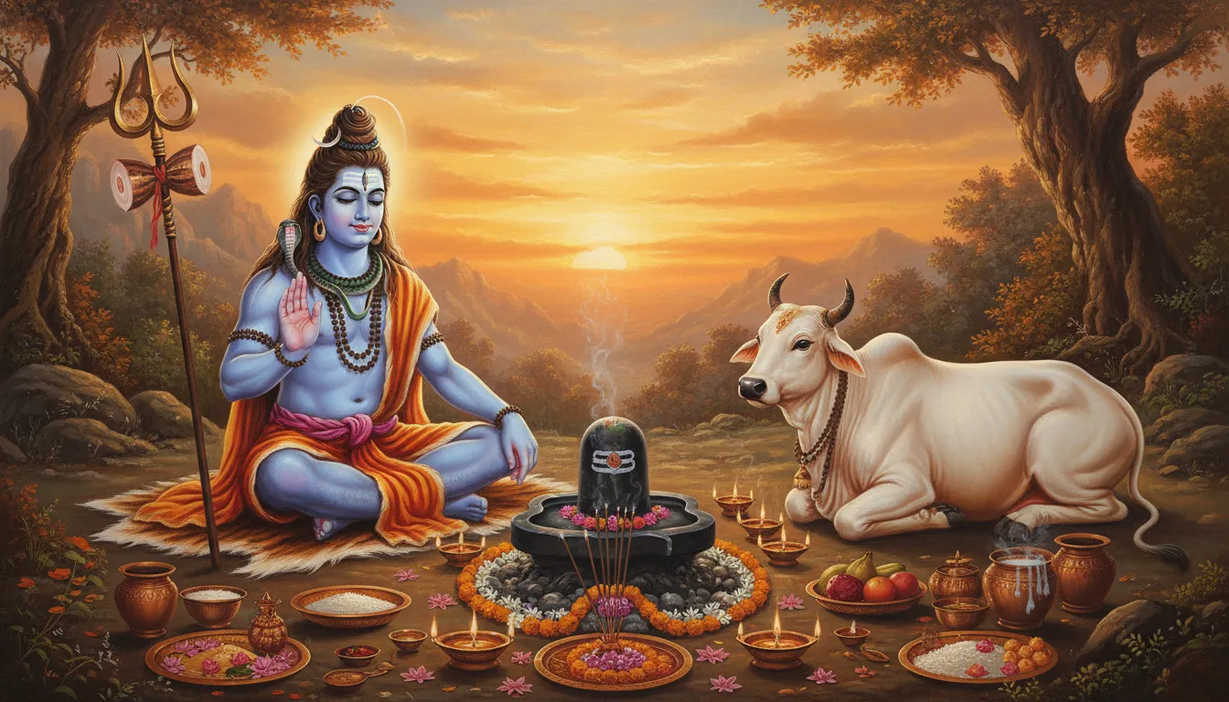 Lord Shiva seated with raised blessing hand, trident, cow, sacred lingam, lamps, flowers, and ritual offerings.