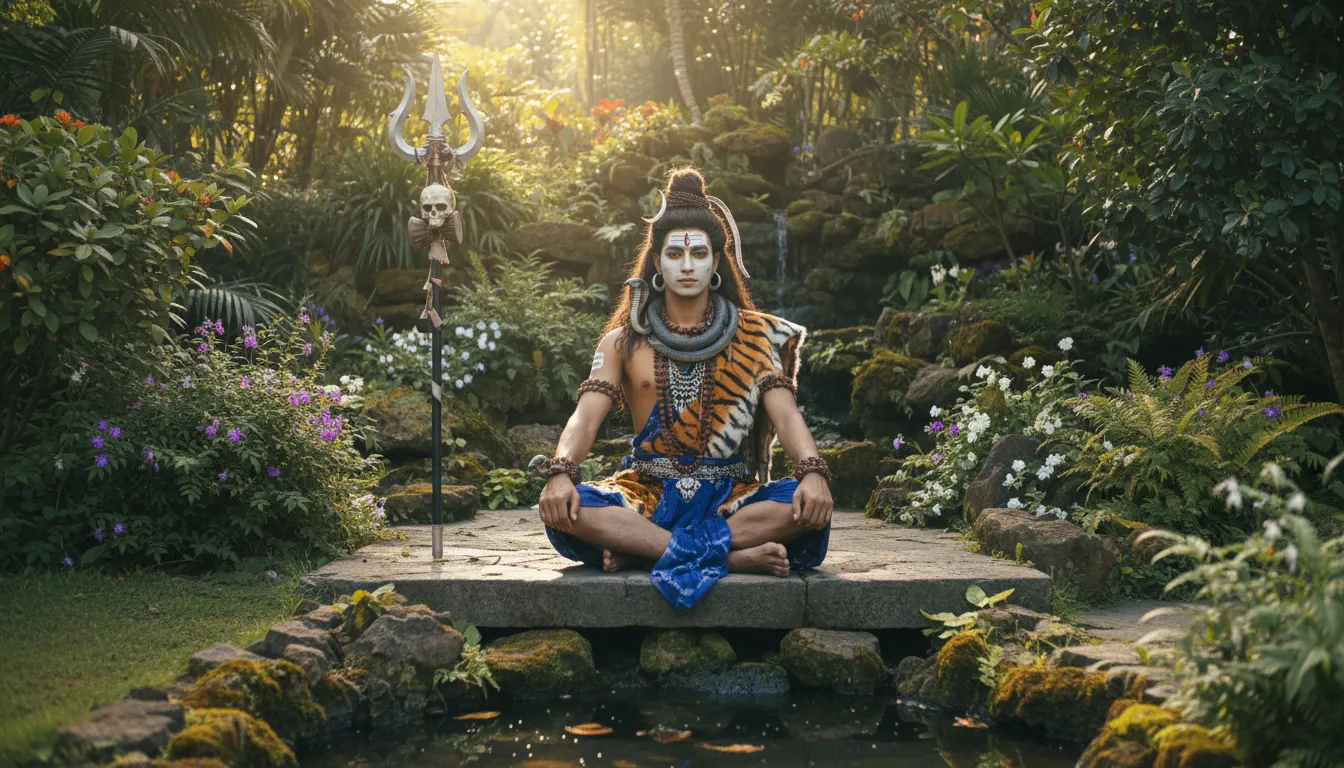 A Shiva-costumed performer sitting on a rock in a garden with a trident placed beside him.