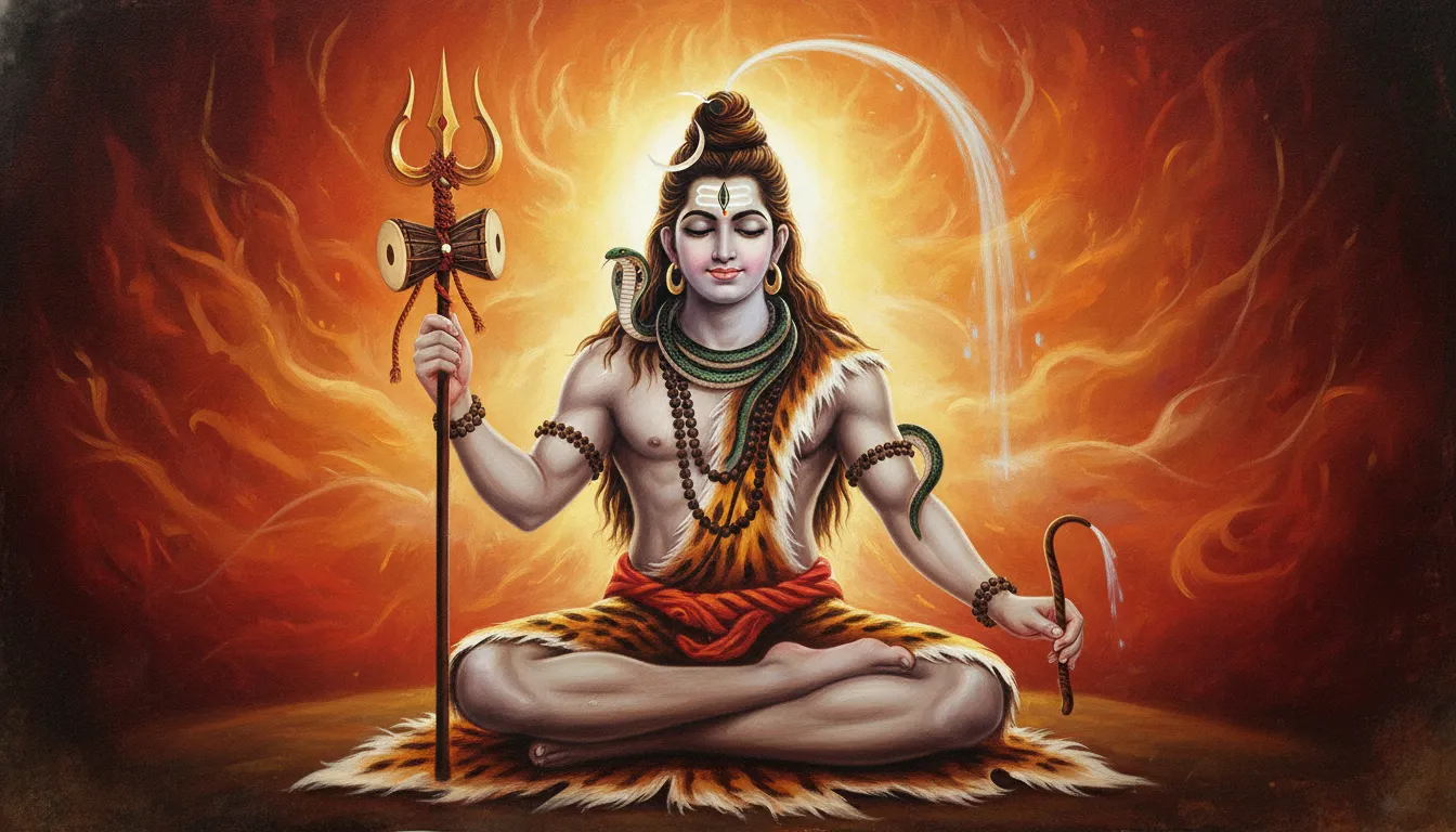 Lord Shiva seated on tiger skin holding a trident and small drum with a snake around his neck.